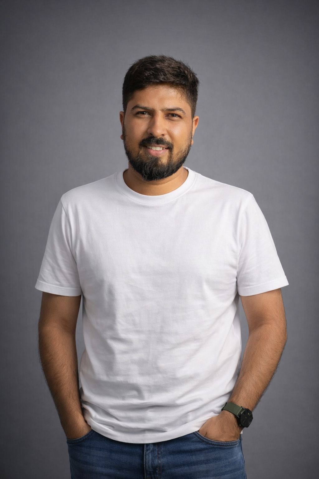 Man standing in a studio wearing a plain white t-shirt and blue jeans, smiling confidently against a neutral gray background