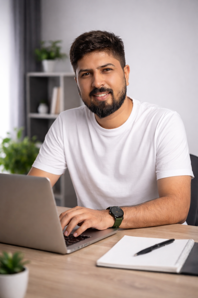 Man sitting with laptop on desk half body image