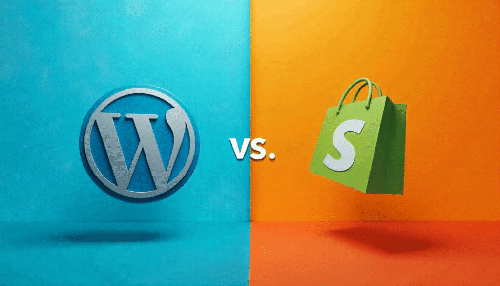 “WordPress logo on a blue background next to the Shopify shopping bag logo on an orange background, with ‘vs.’ in the center.”