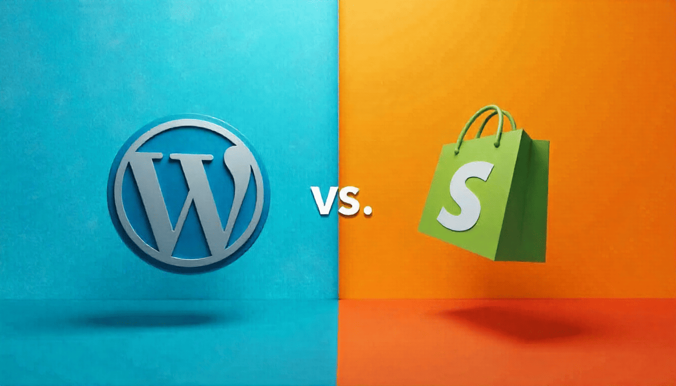 “WordPress logo on a blue background next to the Shopify shopping bag logo on an orange background, with ‘vs.’ in the center.”