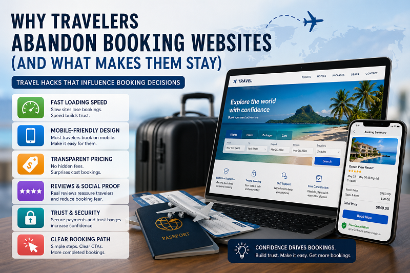 Travel booking website infographic showing why travelers abandon booking websites with fast loading speed, mobile friendly design, transparent pricing, reviews, trust signals, and secure online booking experience